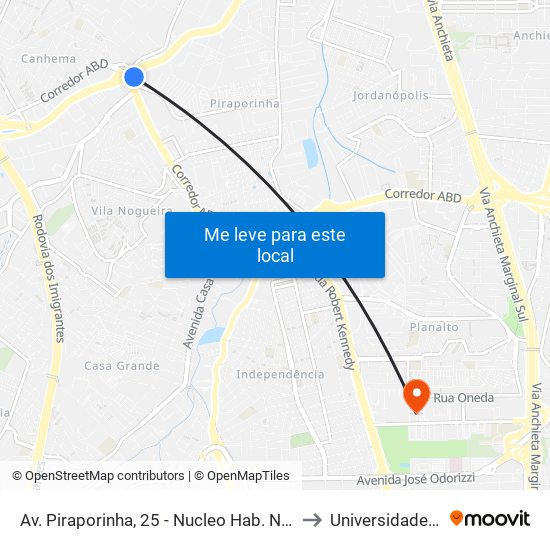 Av. Piraporinha, 25 - Nucleo Hab. Nova Conquista, Diadema to Universidade Metodista map