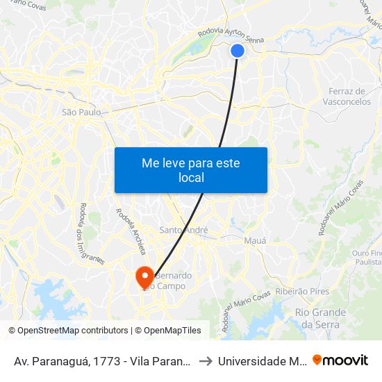 Av. Paranaguá, 1773 - Vila Paranagua, São Paulo to Universidade Metodista map