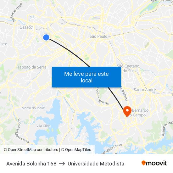Avenida Bolonha 168 to Universidade Metodista map
