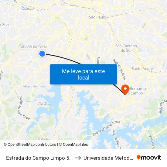 Estrada do Campo Limpo 5322 to Universidade Metodista map