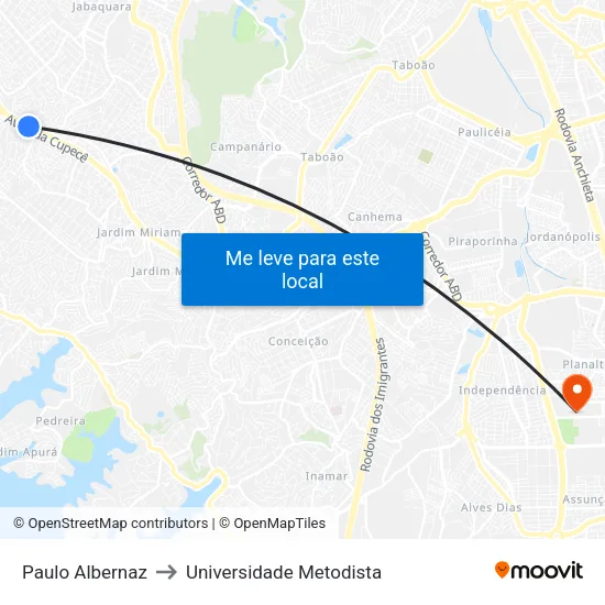 Paulo Albernaz to Universidade Metodista map