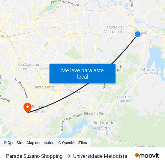 Parada Suzano Shopping to Universidade Metodista map