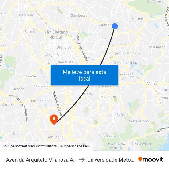 Avenida Arquiteto Vilanova Artigas to Universidade Metodista map