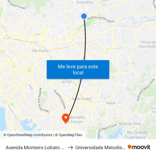 Avenida Monteiro Lobato 11 to Universidade Metodista map