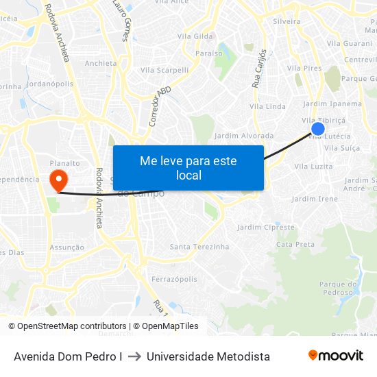 Avenida Dom Pedro I to Universidade Metodista map