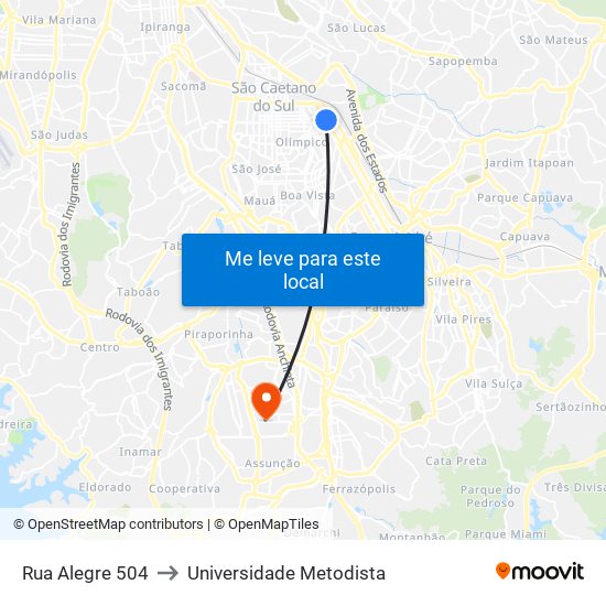 Rua Alegre 504 to Universidade Metodista map