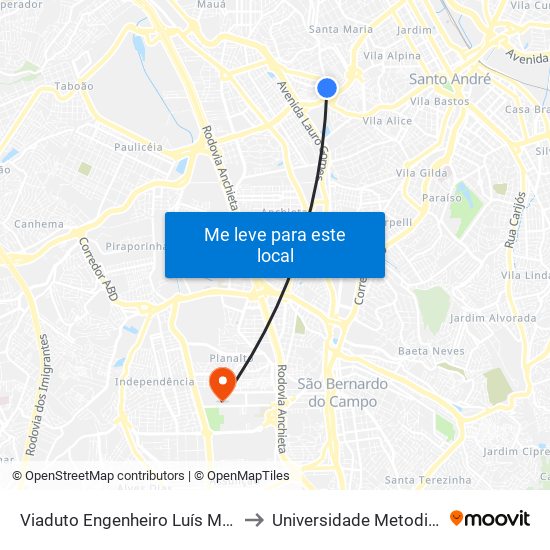 Viaduto Engenheiro Luís Meira to Universidade Metodista map