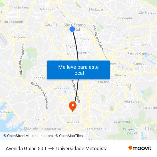 Avenida Goiás 500 to Universidade Metodista map