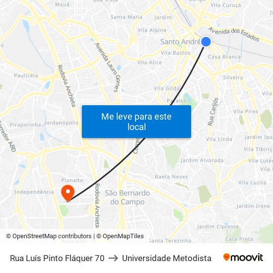Rua Luís Pinto Fláquer 70 to Universidade Metodista map