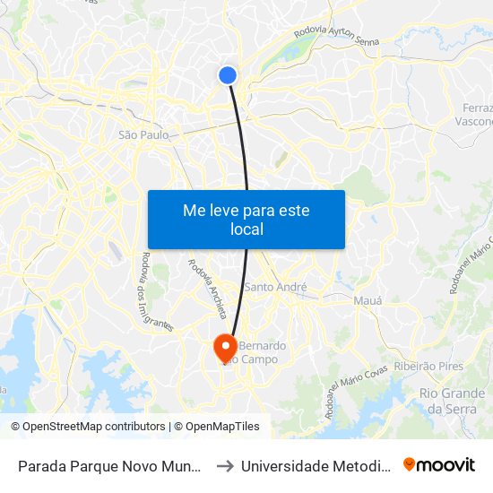 Parada Parque Novo Mundo I to Universidade Metodista map