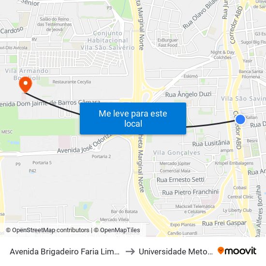 Avenida Brigadeiro Faria Lima 1113 to Universidade Metodista map
