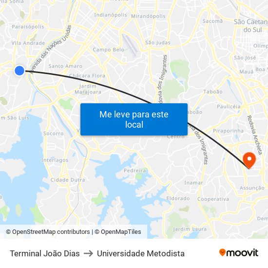 Terminal João Dias to Universidade Metodista map