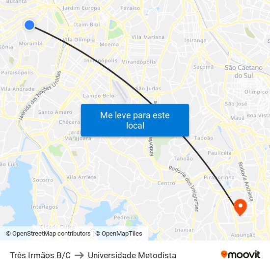 Três Irmãos B/C to Universidade Metodista map