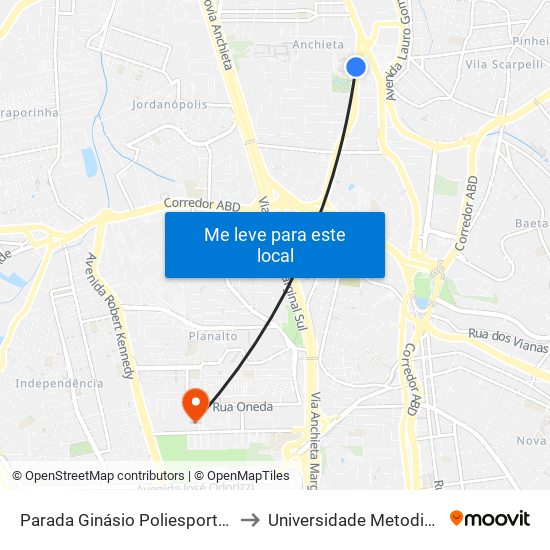 Parada Ginásio Poliesportivo to Universidade Metodista map