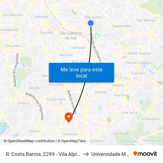 R. Costa Barros, 2299 - Vila Alpina, São Paulo to Universidade Metodista map