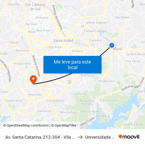 Av. Santa Catarina, 212-304 - Vila Santa Cecilia, Mauá to Universidade Metodista map