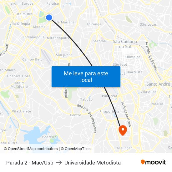 Parada 2 - Mac/Usp to Universidade Metodista map