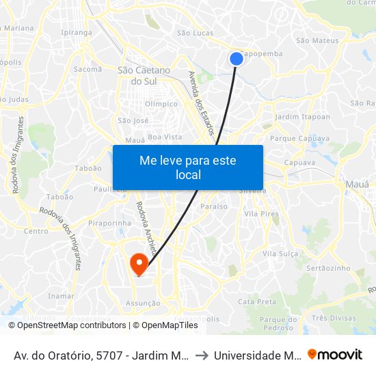 Av. do Oratório, 5707 - Jardim Mimar, São Paulo to Universidade Metodista map