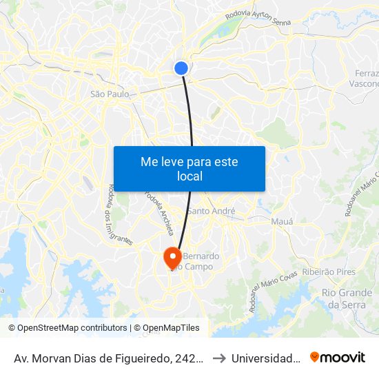 Av. Morvan Dias de Figueiredo, 2422 - Vila Guilherme, São Paulo to Universidade Metodista map