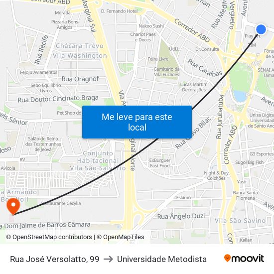 Rua José Versolatto, 99 to Universidade Metodista map