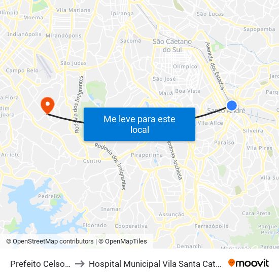 Prefeito Celso Daniel-Santo André to Hospital Municipal Vila Santa Catarina Dr. Gilson de C. Marques de Carvalho map