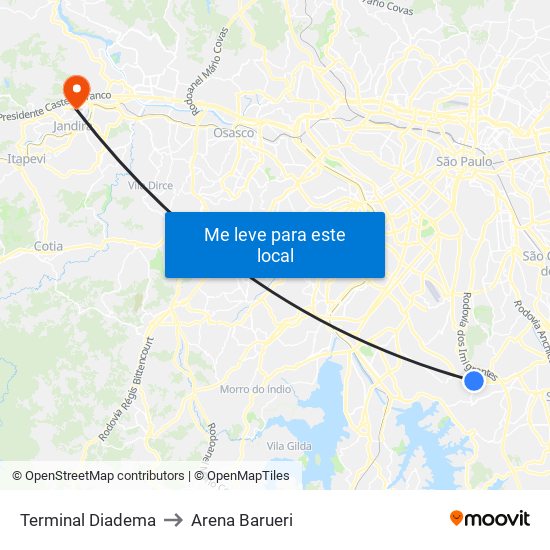 Terminal Diadema to Arena Barueri map