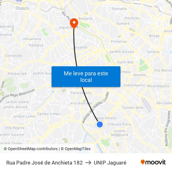 Rua Padre José de Anchieta 182 to UNIP Jaguaré map