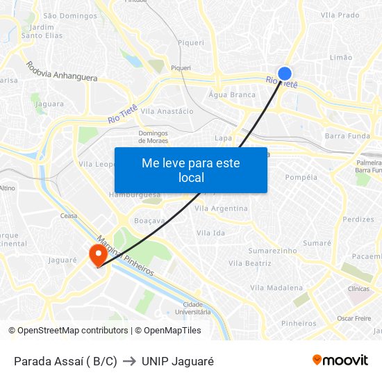 Parada Assaí ( B/C) to UNIP Jaguaré map