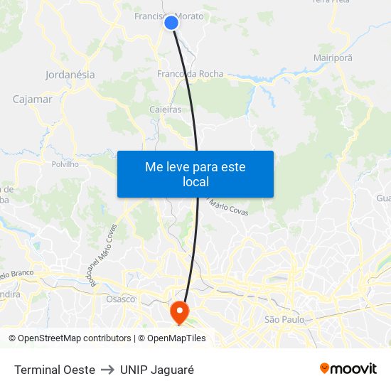 Terminal Oeste to UNIP Jaguaré map