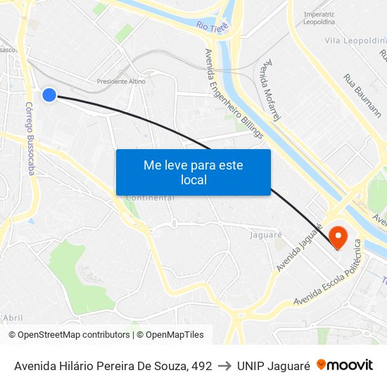 Avenida Hilário Pereira De Souza, 492 to UNIP Jaguaré map