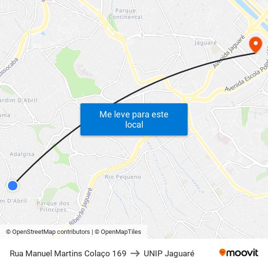 Rua Manuel Martins Colaço 169 to UNIP Jaguaré map