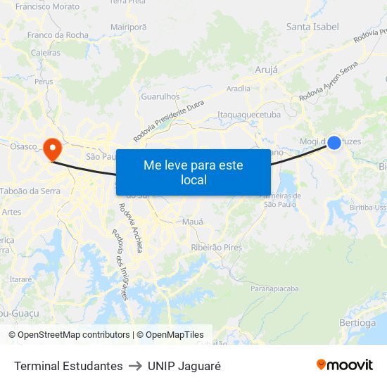 Terminal Estudantes to UNIP Jaguaré map