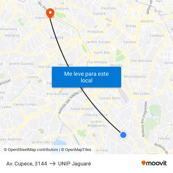 Av. Cupece, 3144 to UNIP Jaguaré map