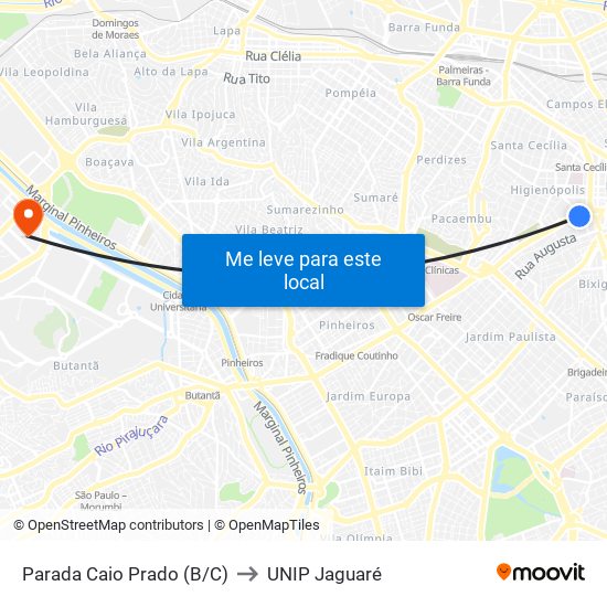 Parada Caio Prado (B/C) to UNIP Jaguaré map