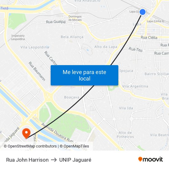 Rua John Harrison to UNIP Jaguaré map