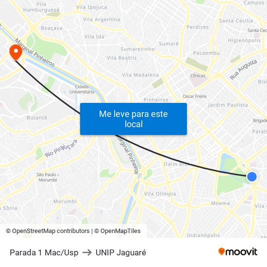 Parada 1 Mac/Usp to UNIP Jaguaré map