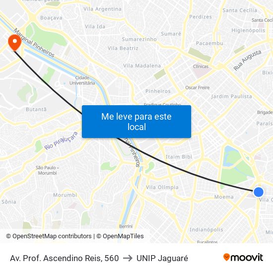 Av. Prof. Ascendino Reis, 560 to UNIP Jaguaré map