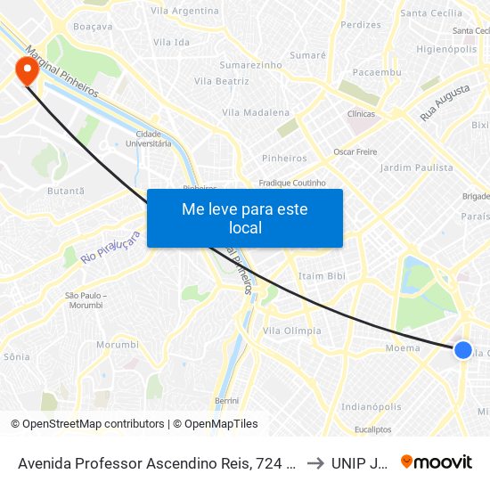 Avenida Professor Ascendino Reis, 724 • Metrô Aacd-Servidor to UNIP Jaguaré map