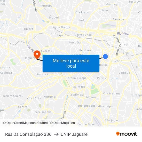 Rua Da Consolação 336 to UNIP Jaguaré map