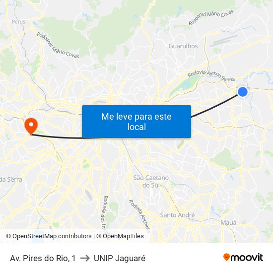 Av. Pires do Rio, 1 to UNIP Jaguaré map