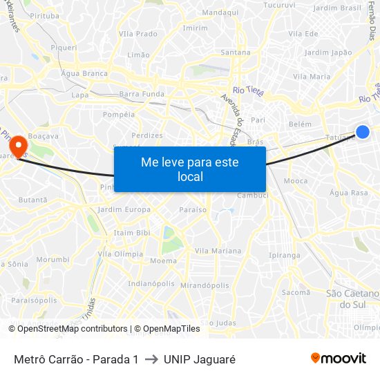 Metrô Carrão - Parada 1 to UNIP Jaguaré map