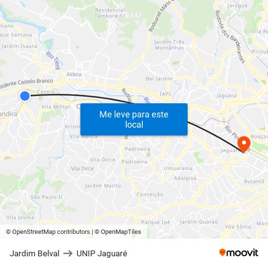 Jardim Belval to UNIP Jaguaré map