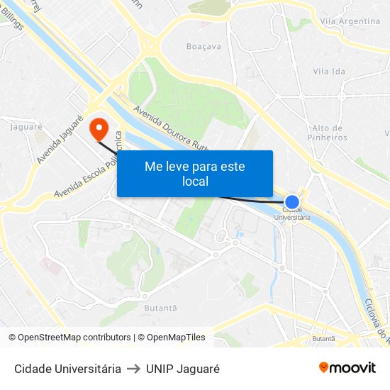 Cidade Universitária to UNIP Jaguaré map