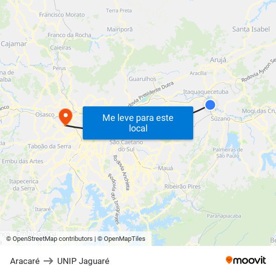 Aracaré to UNIP Jaguaré map