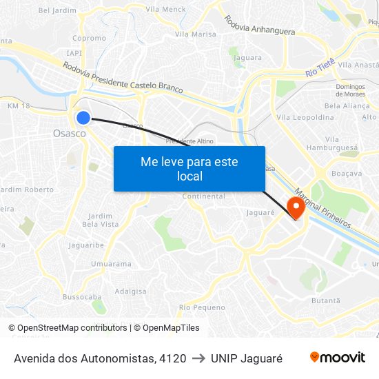 Avenida dos Autonomistas, 4120 to UNIP Jaguaré map
