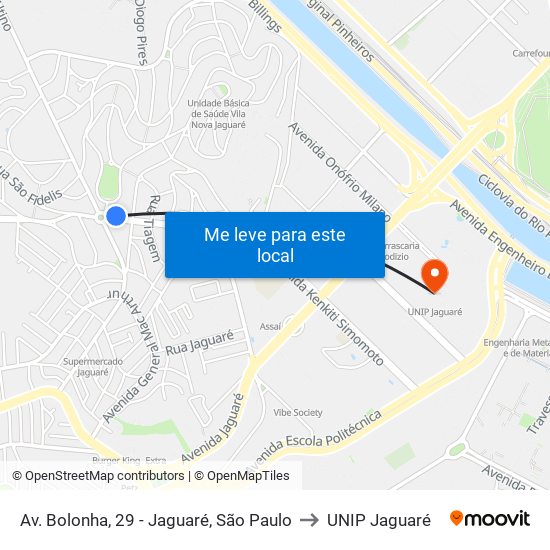 Av. Bolonha, 29 - Jaguaré, São Paulo to UNIP Jaguaré map