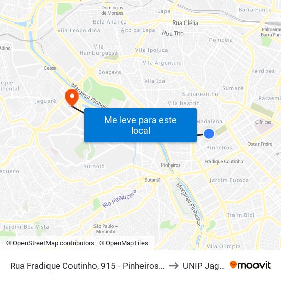 Rua Fradique Coutinho, 915 - Pinheiros, São Paulo to UNIP Jaguaré map