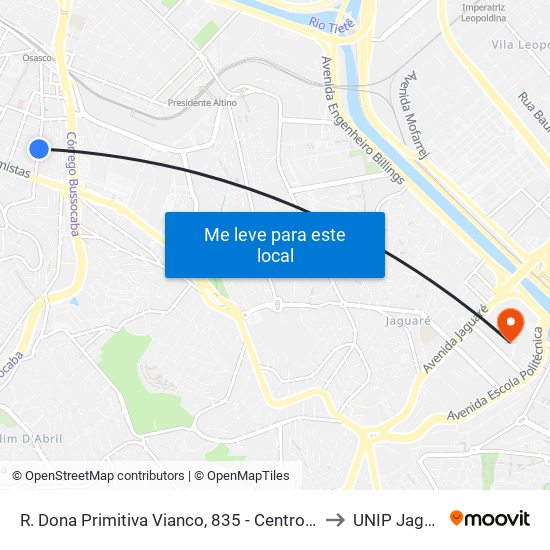 R. Dona Primitiva Vianco, 835 - Centro, Osasco to UNIP Jaguaré map