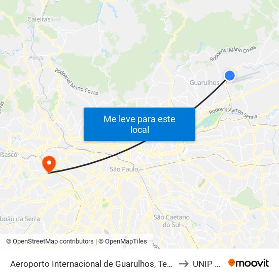 Aeroporto Internacional de São Paulo (Terminal de Passageiros 1) to UNIP Jaguaré map