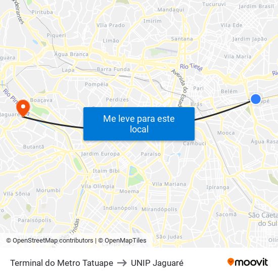 Terminal do Metro Tatuape to UNIP Jaguaré map